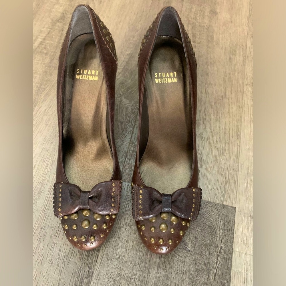 Stuart Weirzman Vintage Y2K Office siren Brown Leather Studded Bow Heels… - Picture 2 of 15